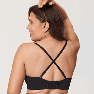 Back view with cross-back convertible straps and hook-and-eye back closure on smooth band - MissFine
