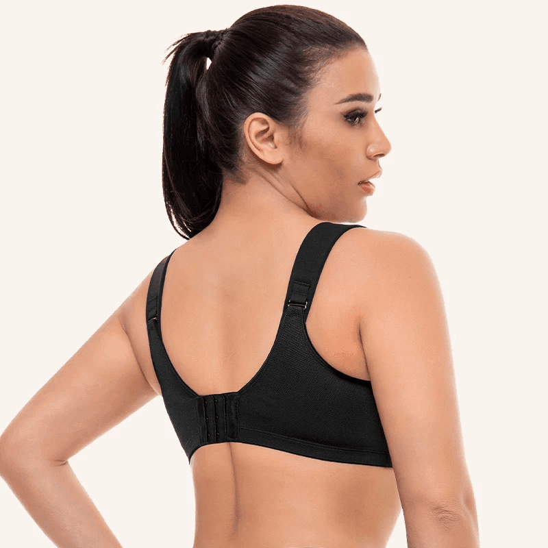 Side angle of gray wireless sports bra showing full coverage and supportive band - MissFine