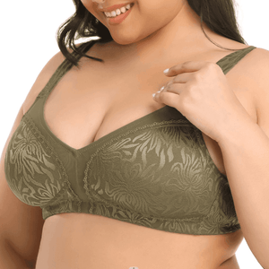 Side angle showing underwire shape and full coverage cups on olive green lace bra - MissFine