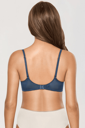Back view of blue underwired bra with hook-and-eye closure and lace-trimmed band - MissFine