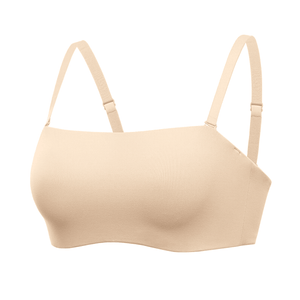 Front view of nude seamless strapless bra with smooth molded cups and demi coverage - MissFine