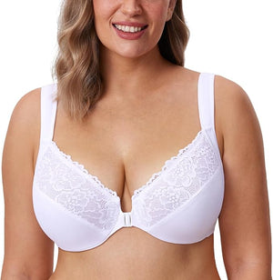 Front view white lace trim front-closure molded full cup plus size bra - MissFine