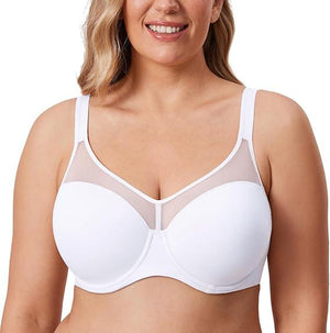 Front view of beige full coverage minimiser bra with smooth molded cups and light padding - MissFine