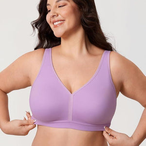 Front view of lilac full cup minimiser bra with wide straps and V-neckline on model - MissFine
