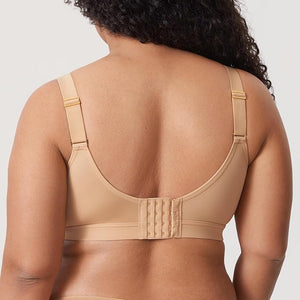 Back view of nude full cup bra with wide adjustable straps and triple hook-and-eye closure - MissFine