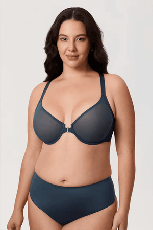 Front view of navy molded full coverage bra with front closure clasp and smooth cups - MissFine