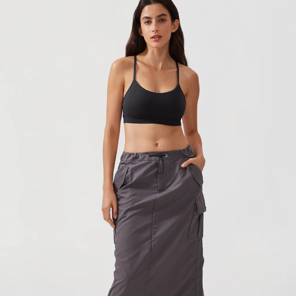 Side angle of black seamless cotton sports bra with racerback spaghetti straps and scoop neckline - MissFine