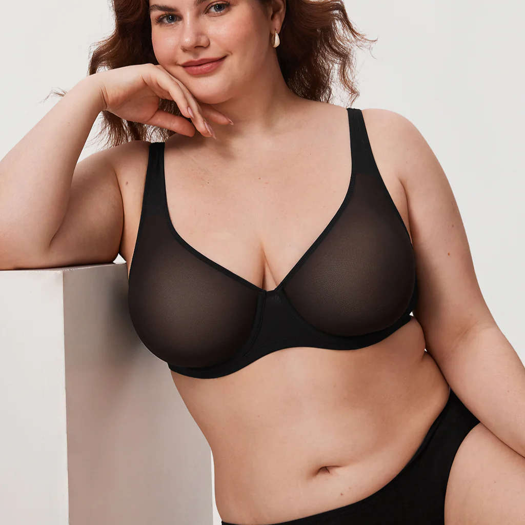 Front view of lilac sheer full cup underwired bra showing V-shaped neckline - MissFine