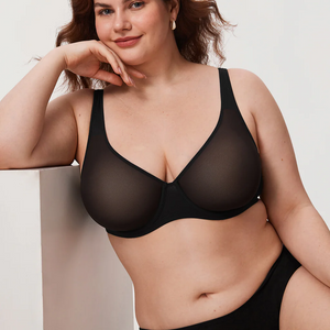 Front view of lilac sheer full cup underwired bra showing V-shaped neckline - MissFine