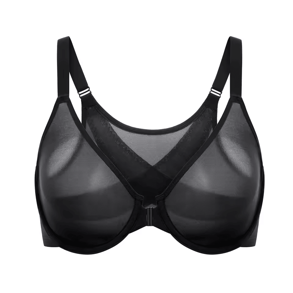 Back view highlighting wide smoothing band and hardware of front closure underwire bra - MissFine