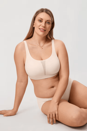 Close-up of breathable seamless cups on nude wireless bra for full coverage support - MissFine