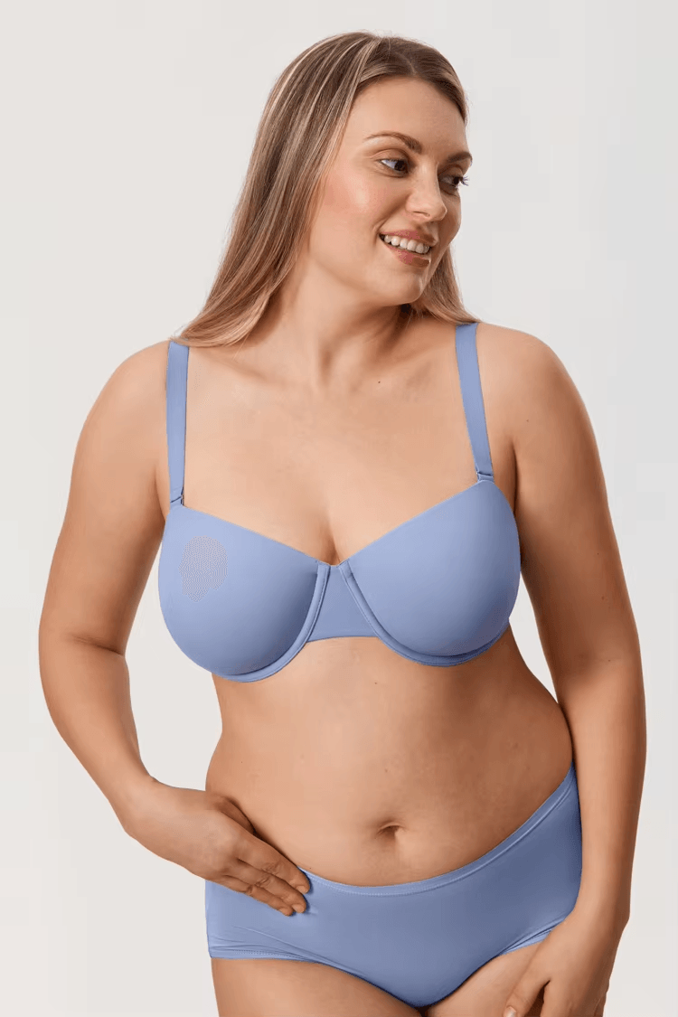 Back angle of light blue bra with adjustable straps and smooth seamless band - MissFine