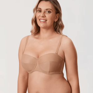 Angled view showing underwired cups and wide band of nude strapless seamless bra - MissFine