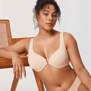 Front view of nude plus size front-closure underwire bra with smooth molded cups and plunge neckline - MissFine