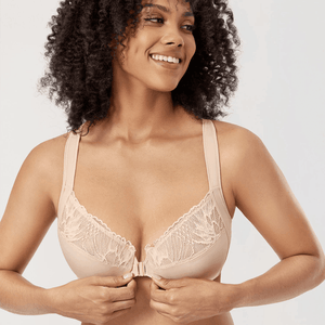 Front view of purple front closure underwire bra with smooth molded cups and lace trim - MissFine