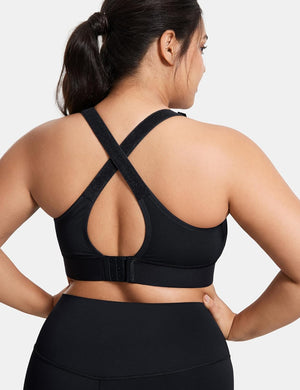 Back view of white racerback sports bra with wide posture support band and hook-and-eye closure - MissFine