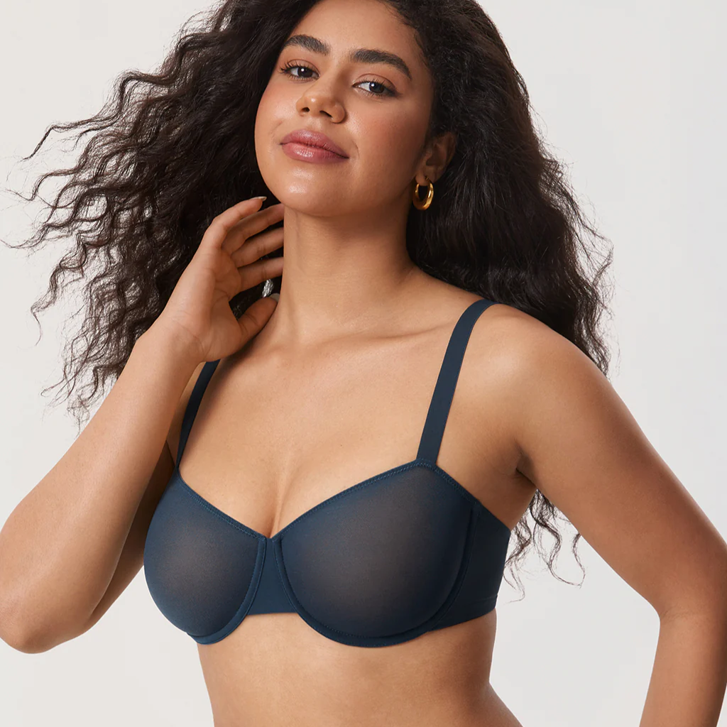 Side angle of navy full cup t shirt bra showing smooth seamless profile and light padding - MissFine