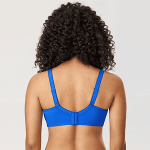 Back view of blue full cup bra with adjustable shoulder straps and hook-and-eye back closure band - MissFine