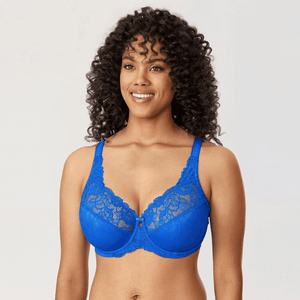 Front view of royal blue padded full-cup underwired plus size bra with lace overlay and scalloped neckline - MissFine