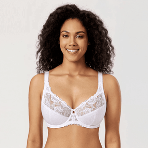 Side angle of blue molded cup underwire bra showing lace detail, cup shape and adjustable straps for support - MissFine