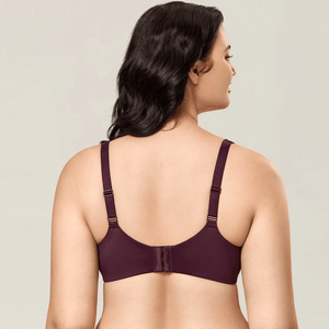 Side angle of burgundy seamless t shirt bra showing smooth molded cup profile - MissFine