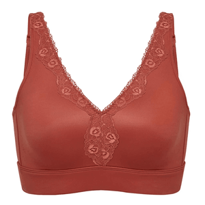 Back view of nude wireless bra with hook-and-eye closure and supportive band - MissFine