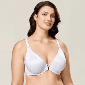 Front view of white plus size full cup underwire bra with decorative front clasp closure - MissFine