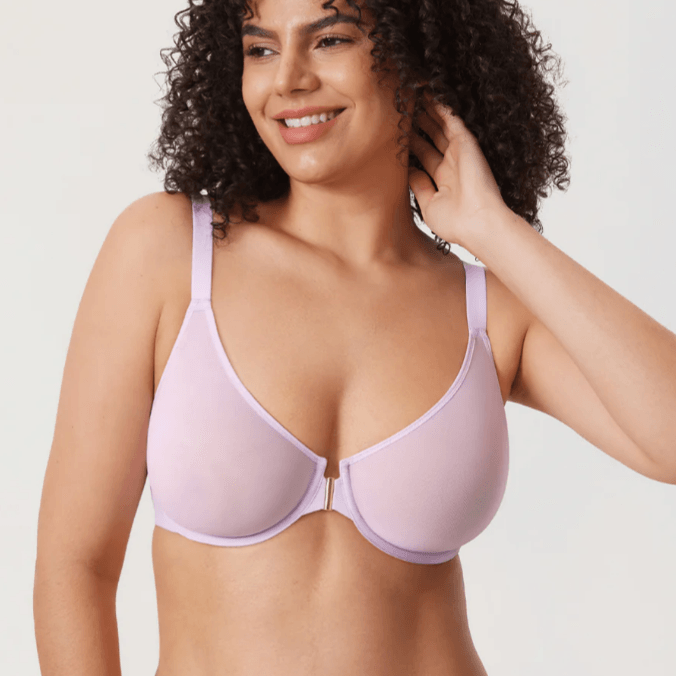 Side angle of lilac seamless underwire bra showing molded cups and straps - MissFine