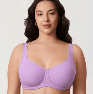 Back view of lilac full coverage bra with wide band and hook-and-eye closure - MissFine