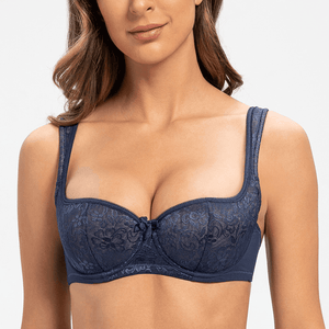 Front view of black lace balconette bra with lightly padded underwired demi cups - MissFine