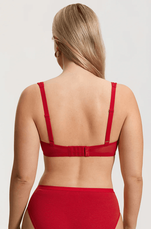 Close-up of floral lace overlay and sweetheart neckline on padded demi balconette bra - MissFine