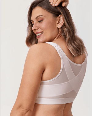 Back view beige wireless full coverage bra with wide smoothing band and mesh detail panel - MissFine