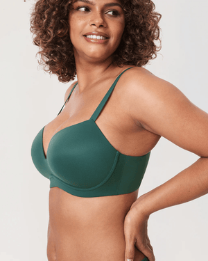 Close-up of molded cup detail on non wired padded plunge bra in deep teal green - MissFine