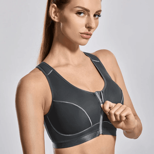 Side angle of black front closure sports bra showing smooth full coverage cups and wide straps - MissFine