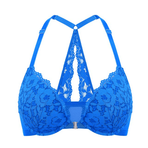 Front view of royal blue lace plunge bra with padded underwired cups and front clasp - MissFine