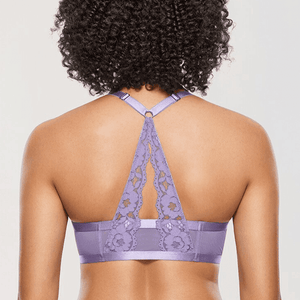 Back view of lilac lace racerback bra showing triangular cutout and adjustable straps - MissFine