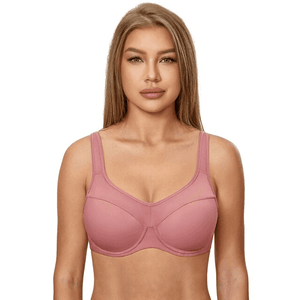 Front view of full cup minimiser bra in vintage pink with smooth molded cups and underwire support - MissFine