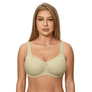 Front view of black full coverage minimiser bra with V-neckline and wide-set molded cups for larger busts - MissFine