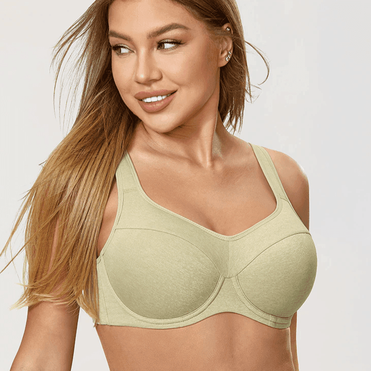 Front view of sage green full cup minimiser bra showing seamless cups and adjustable shoulder straps - MissFine