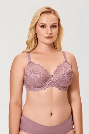 Side angle showing molded padded cups and floral lace overlay on plus size underwired bra - MissFine