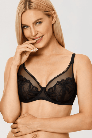 Side angle of black plus size bra showing deep V neckline and underwire shape - MissFine