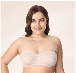 Flat lay of nude, yellow and pink strapless bandeau bras with floral lace fabric - MissFine