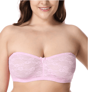 Side angle of pink padded strapless bra highlighting smooth lace overlay and full coverage cups - MissFine