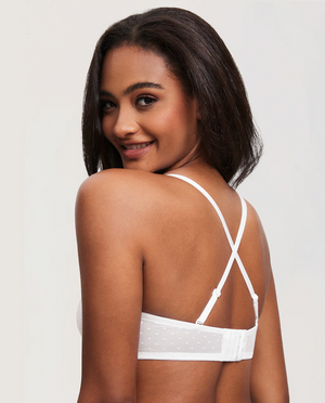 Back view of black strapless balconette bra with smooth band and molded cups on model - MissFine