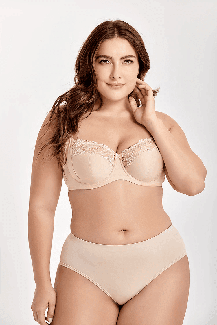 Front view of plus size padded full cup bra in black with lace details and back closure - MissFine