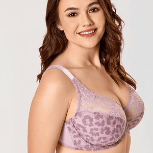 Front view of plus size purple full cup minimiser bra with leopard print and lace trim - MissFine