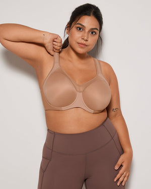 Back view of nude racerback sports bra with wide band and hook-and-eye closure - MissFine