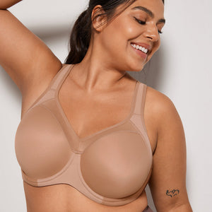Front view of nude padded underwire sports bra with smooth full-cup moulded cups - MissFine
