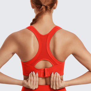 Back view of orange red racerback sports bra showing vertical spine support panel and wide underband - MissFine