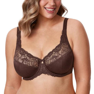 Close-up of lace overlay along upper cups and straps on underwire full cup bra - MissFine